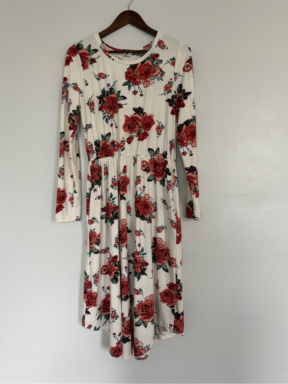 JessaKae Cream Long-Sleeve Midi Dress with Red Rose Print